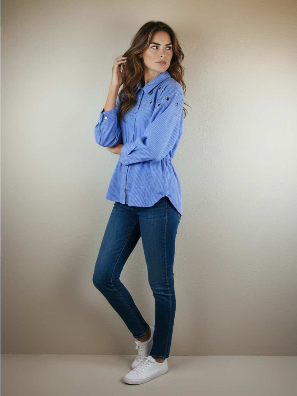 Badgley Mischka Women’s Striped Blue White Embellished Shirt Sz M NWT